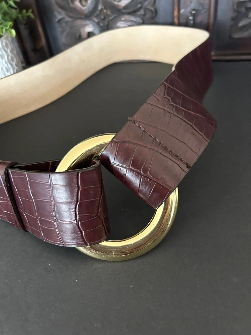 Wide Croc-Embossed Burgundy Stretch Belt with Gold Ring